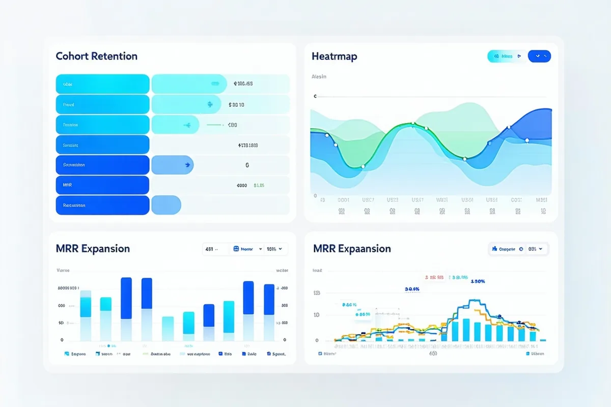 Arcliftio growth analytics dashboard showing cohort retention curves and expansion revenue waterfall chart