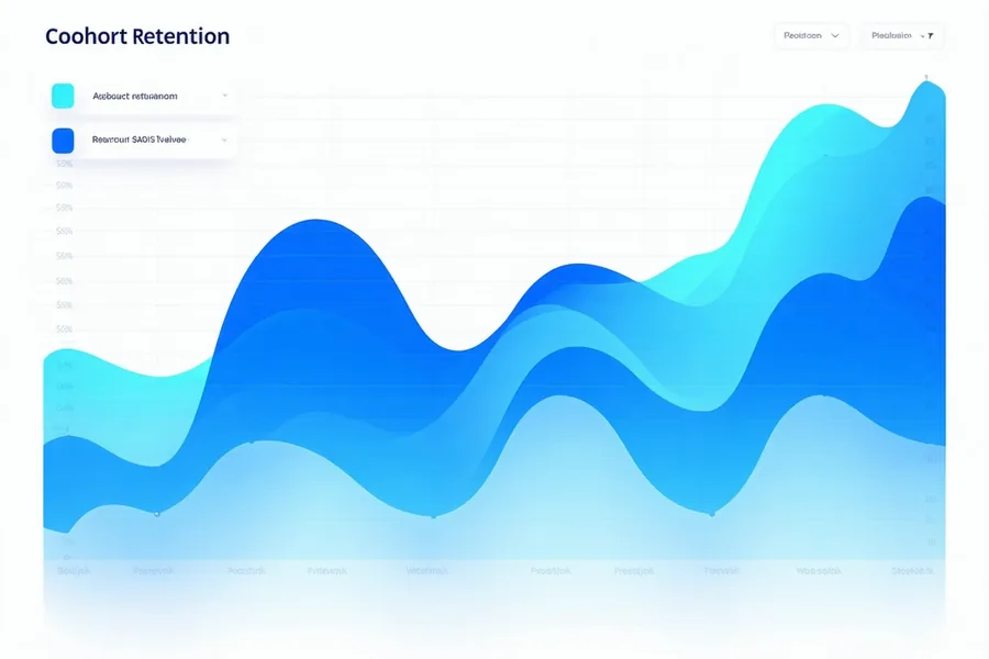 Cohort retention analysis visualization showing layered monthly cohort curves with retention rates over time